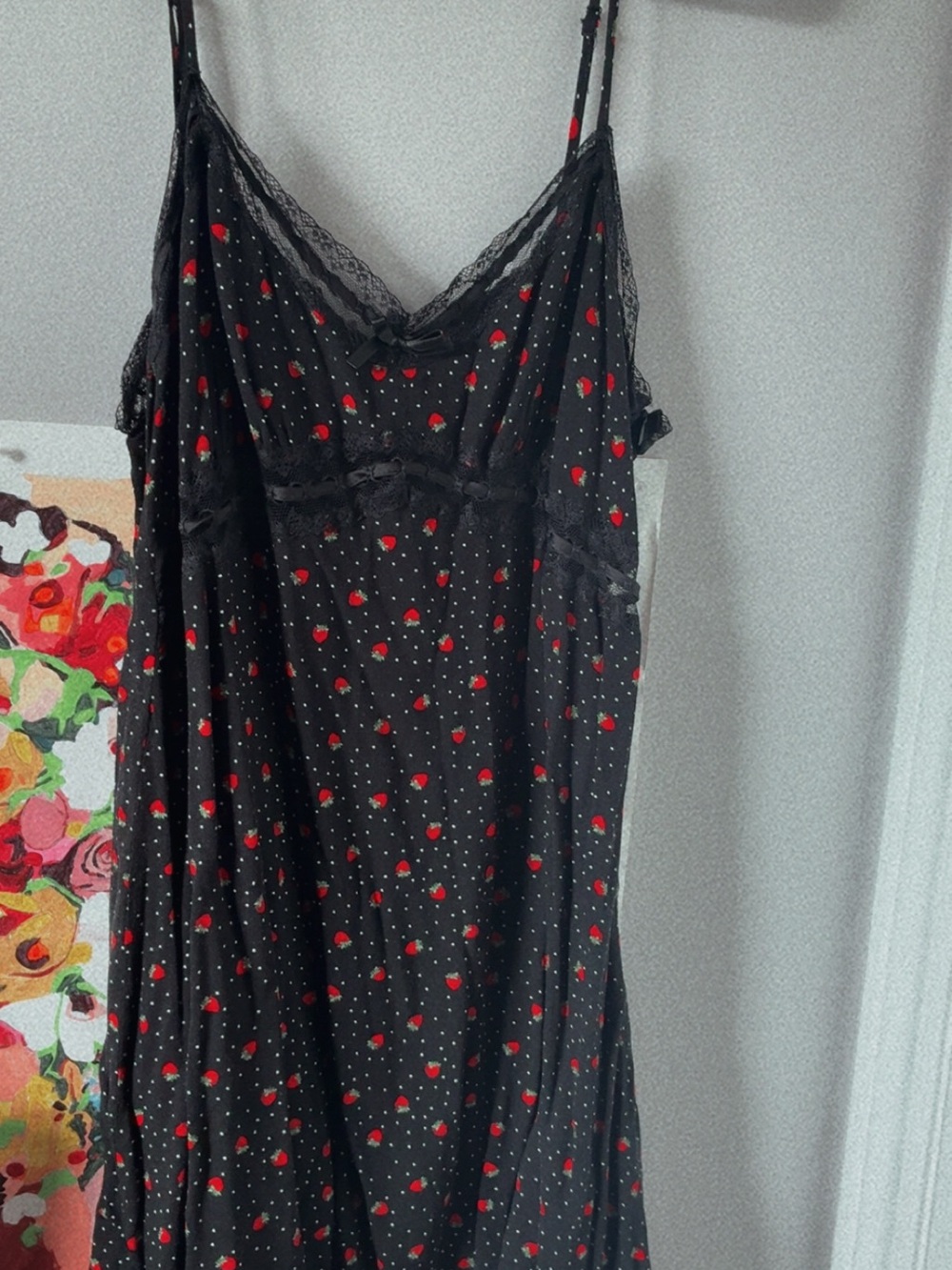 LIKE NEW GARAGE Black Strawberry-Print Lace-Trim Slip Dress